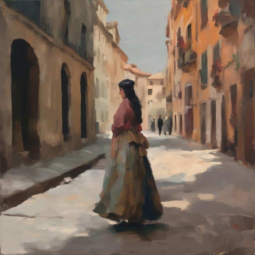 Παλιά ευρωπαϊκή πόλη και γυναίκα σε βολές εμπνευσμένες από μεγάλες καλλιτεχνικές στιγμές.