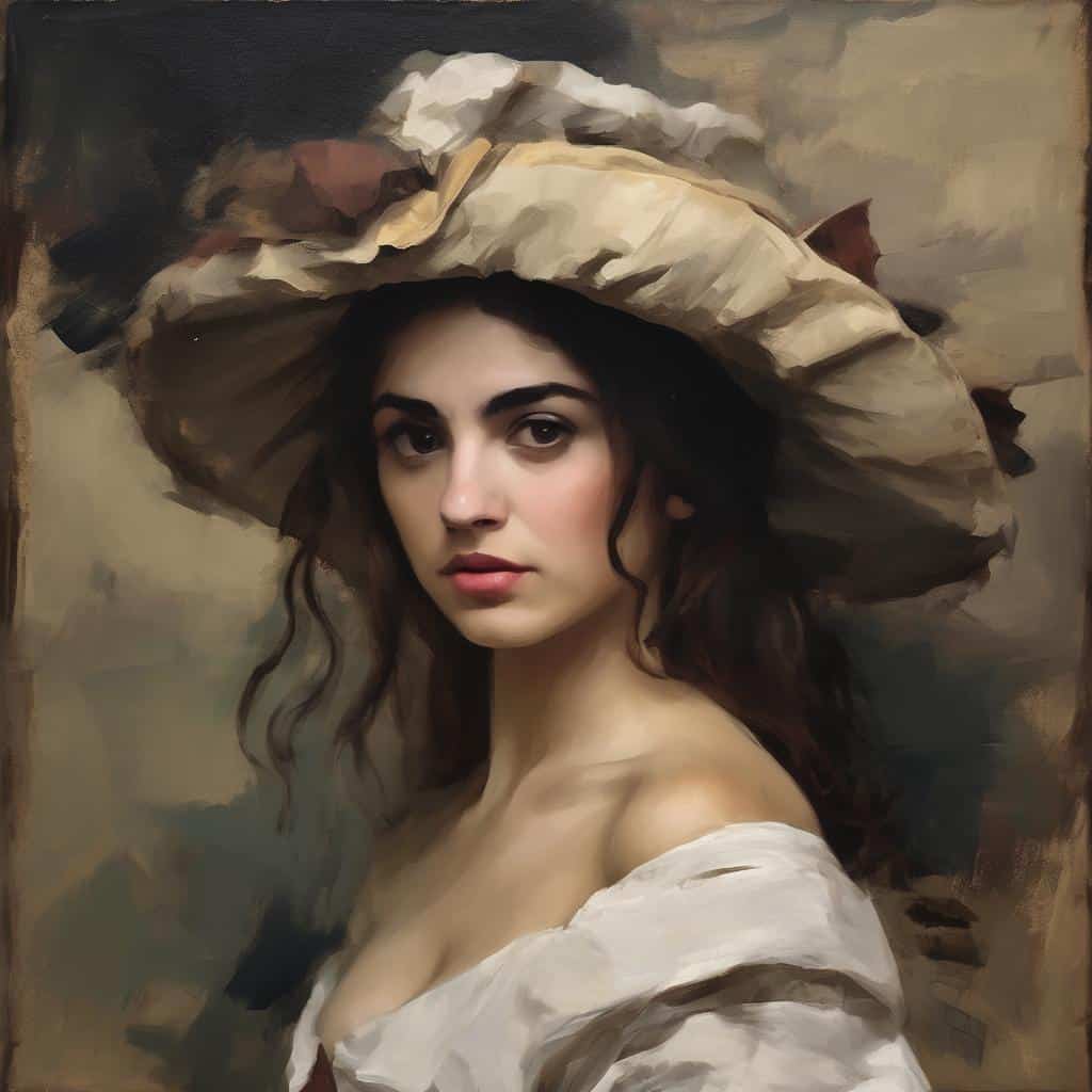 Γυναικεία πορτρέτο με καπέλο και ρεαλιστικό στυλ.