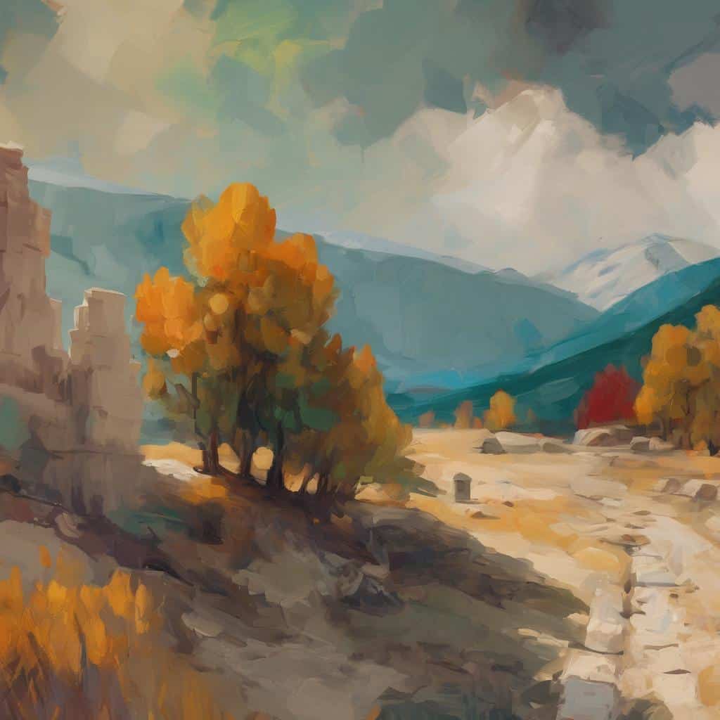 Aνασκόπηση μεγάλων καλλιτεχνικών στιγμών, τοπίο με φωτεινά δέντρα και δυναμικό φόντο βουνού, στις παλιές ελληνικές σκηνές τέχνης.