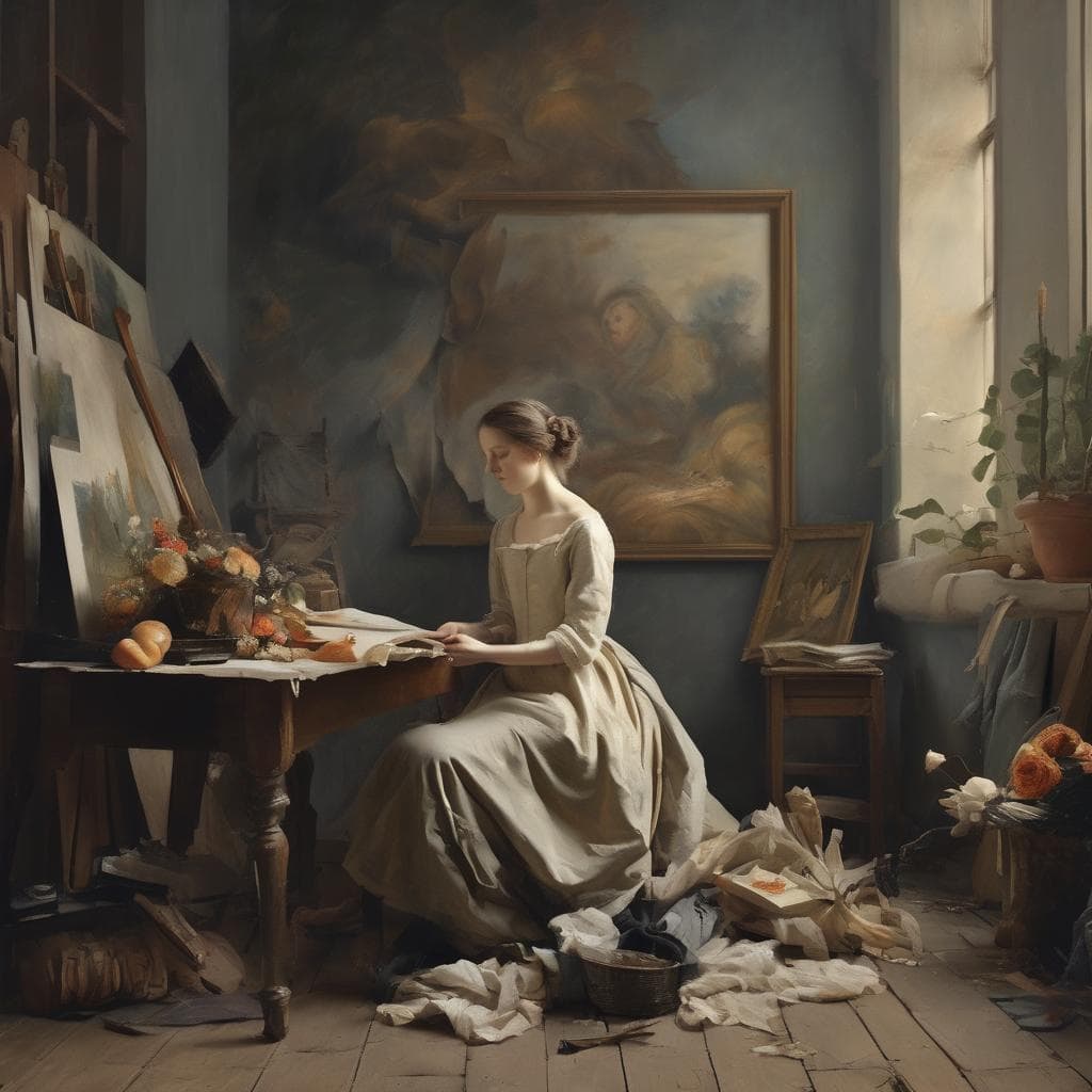 Παρίσταται μια νεαρή γυναίκα να διαβάζει σε ένα παλιό ατελιέ με έργα τέχνης και καμβάδες, αποπνέει αίσθηση τέχνης και δημιουργικότητας.