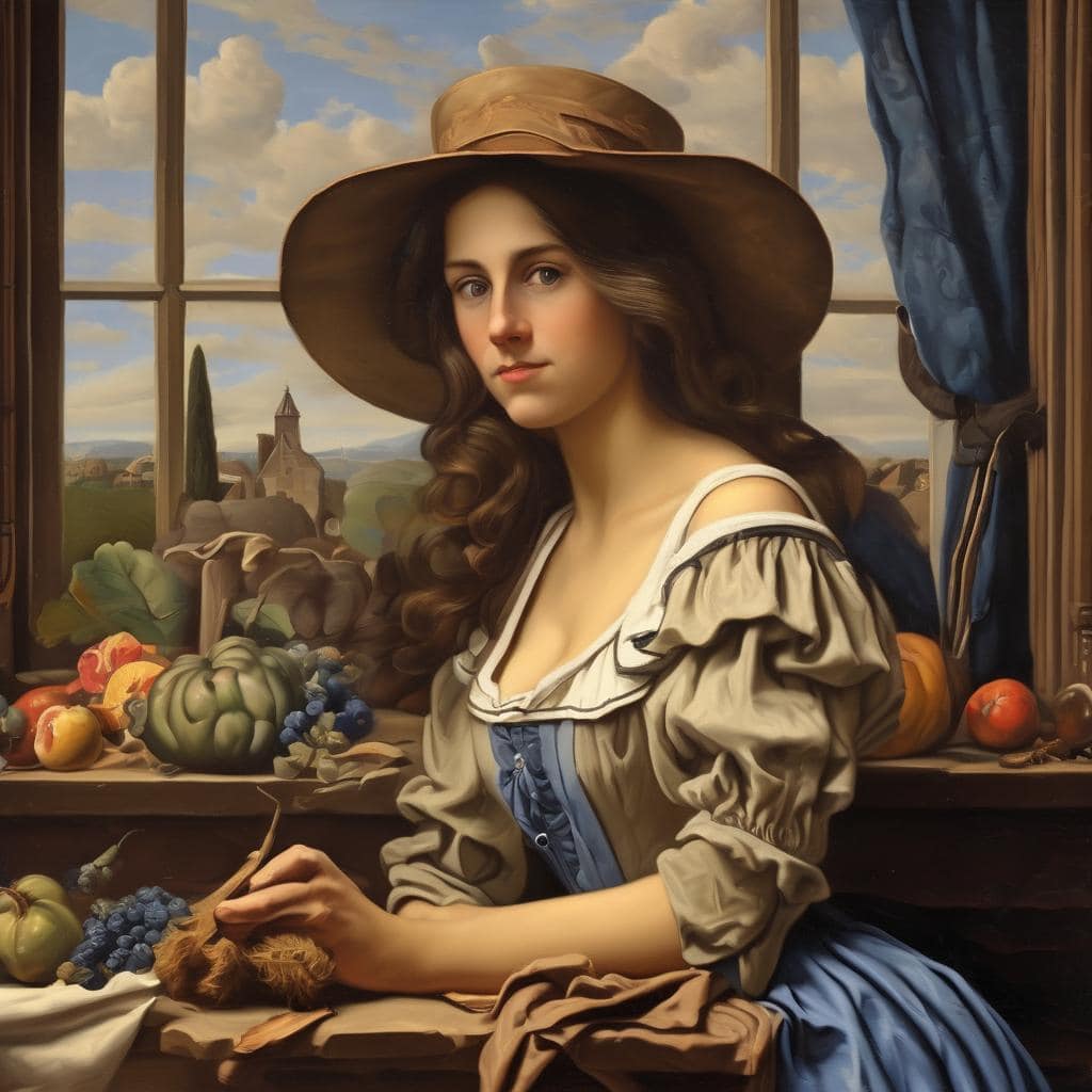 Ομορφιά και Τέχνη σε μια σκηνή εποχής, με πλούσια χρώματα και λεπτομέρειες.