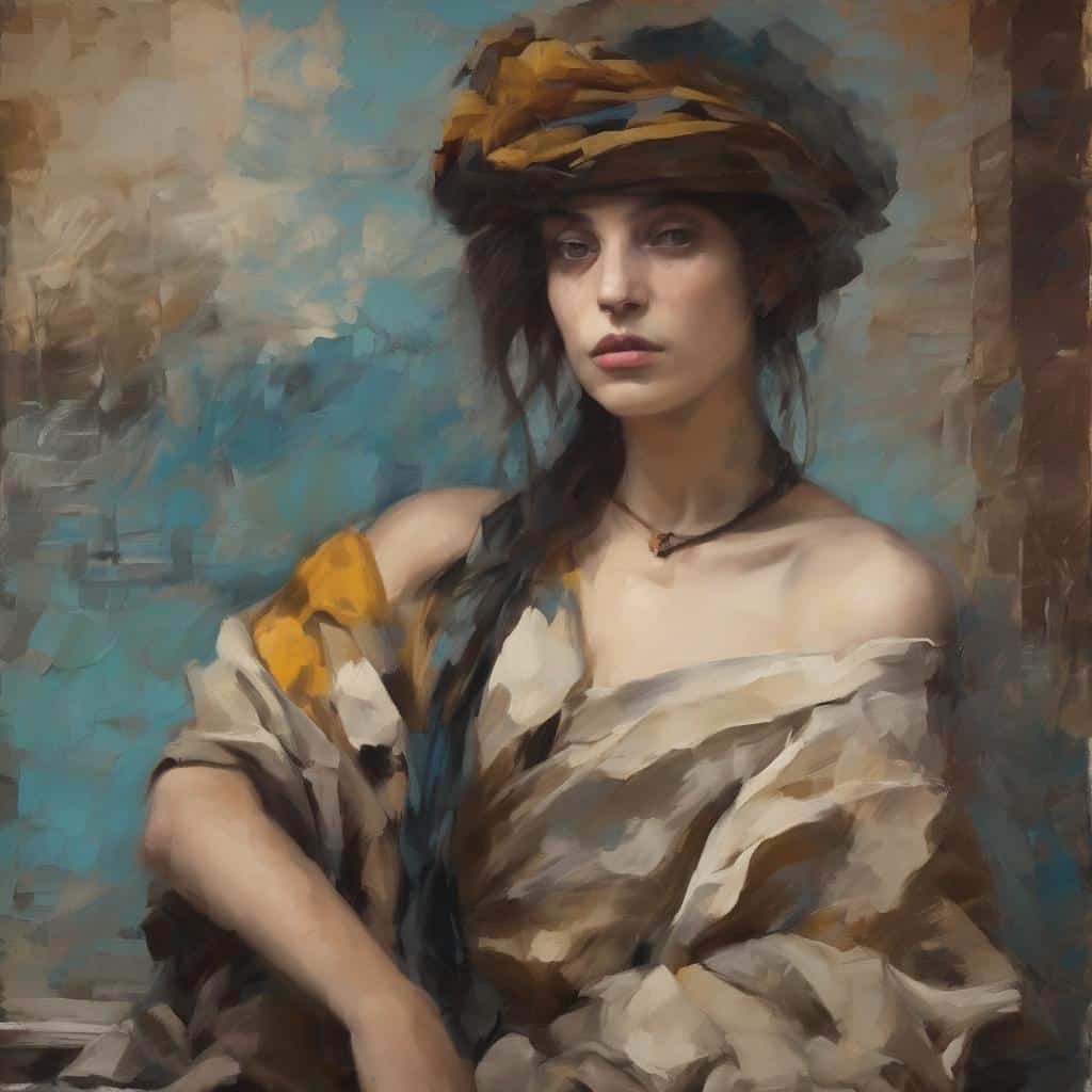 Παλιό πορτραίτο γυναίκας με καπέλο και λουλουδάτη ενδυμασία, σε ζωγραφική τέχνη υψηλής ποιότητας.